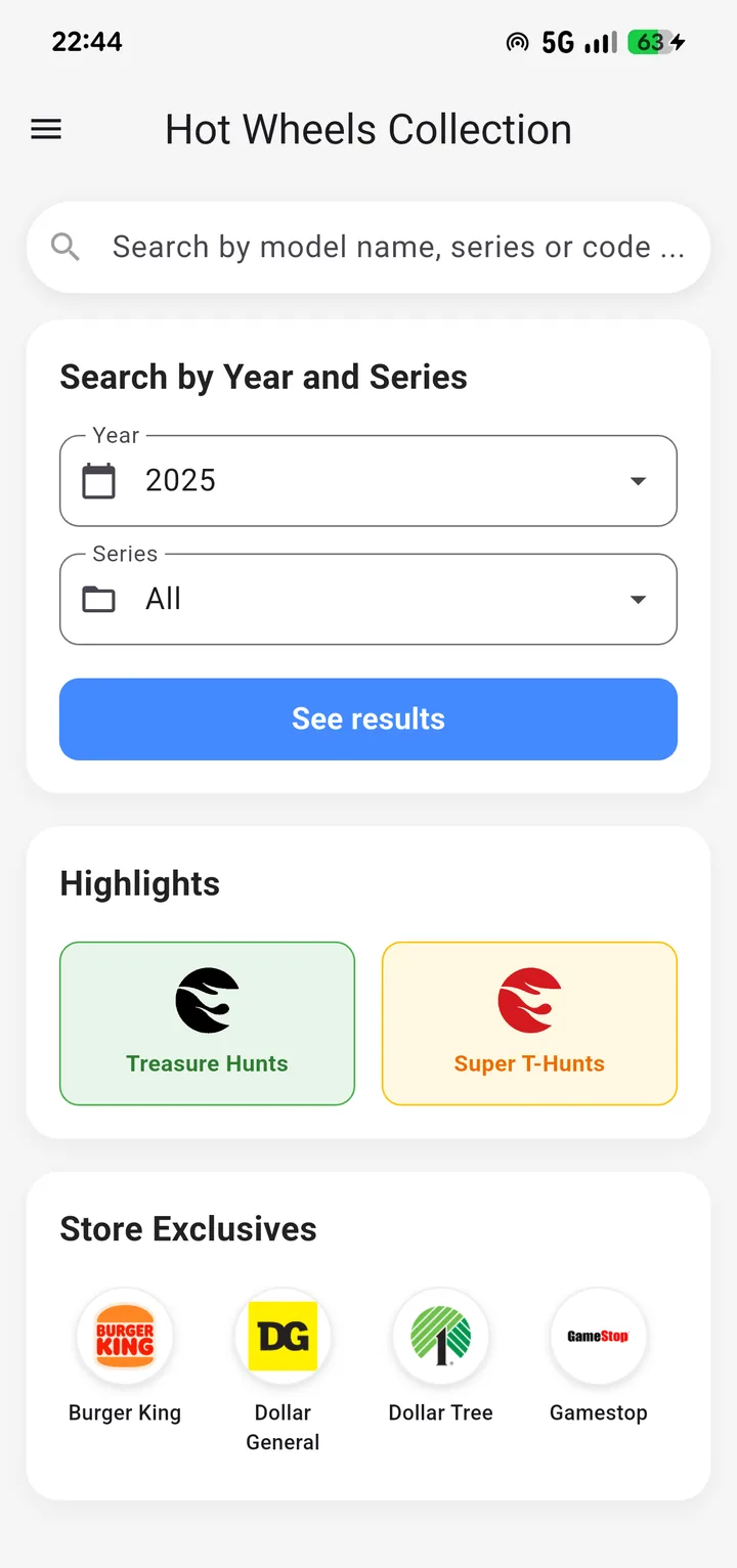 Home screen with the search bar and the year and series filters